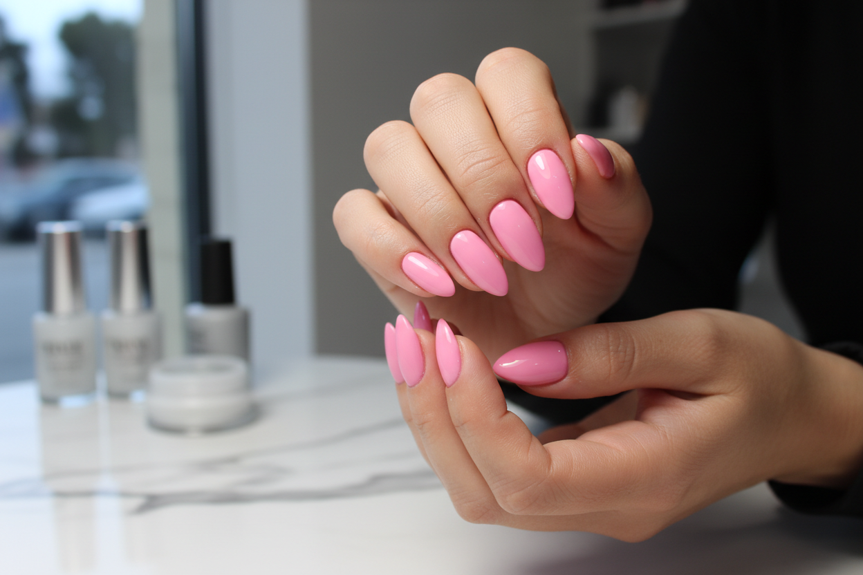medium length nails painted pink Spanish woman
